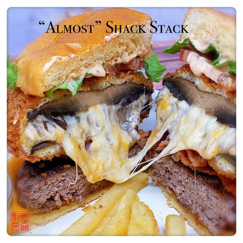 “Almost” Shack Stack! A burger with a cheese-stuffed Portobello mushroom patty & a delicious sauce. A great alternative for those who don't have a Shake Shack close by. #burger #portobello #mushroom #shackstack #shroomburger #shakeshack #fastfood #hamburger Mushroom Salad, Shake Shack Mushroom Burger Recipe, Mushroom Patty, Shack Sauce, Portabella Burger, Shake Shack Burger, Mushroom Burger Recipe, Portobello Mushroom Burger, Stuffed Portobello