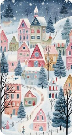 Christmas Art Wallpaper, Christmas Village Wallpaper, Japan Illustration, Wallpaper Christmas, Xmas Wallpaper, Christmas Illustrations, Winter Illustration, Christmas Phone Wallpaper, Cute Christmas Wallpaper