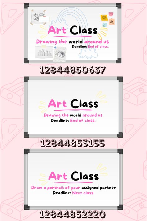 I made two versions: one with looots of design and one plain one for those who prefer a more simple type. I hope you enjoy these bloxburg decals for your art class rps<3 Thank you for always requesting and giving ideas! #roblox #bloxburg #bloxburgdecals #robloxdecals #bloxburgschooldecals #bloxburgschool #robloxschool #bloxburgwhiteboard #bloxburgartclass Bloxburg School Floor Plans, Bloxburg Building Ideas School, Maths Decals Bloxburg, College Layout Bloxburg, Bloxburg Teenage Room Decals, Bloxburg Pink Painting Codes, Art Classroom Bloxburg, Math Classroom Bloxburg, Bloxburg Math Classroom Ideas