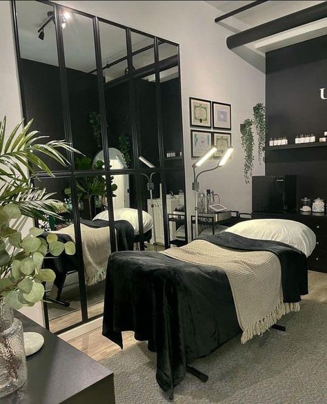 Makeup Room Background, Black Room Esthetics, Black Spa Aesthetic, Black And Beige Lash Room, Black Spa Esthetic, Wax Room Aesthetic, Black And White Spa Aesthetic, Black White And Gold Lash Room, Lash Room Esthetics