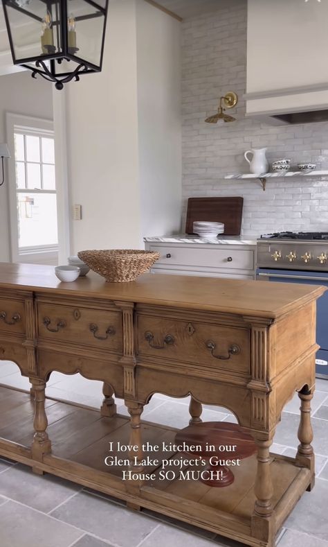 Antique Oak Kitchen Island, Kitchen Island Antique Furniture, Wood Acccent Kitchen Island, French Kitchen Island With Turned Legs, Antique Wood Table Island, Freestanding Kitchen Island, Old Home Remodel, Wood Kitchen Island, Eclectic Kitchen