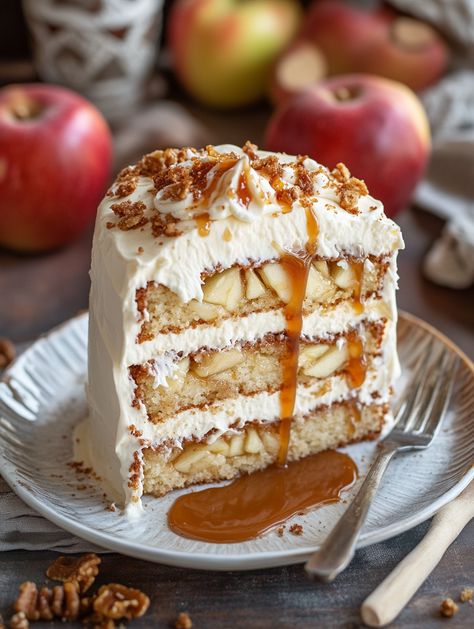 Apple Toffee Caramel Dream Cake 🍎🍬   📋 𝗜𝗻𝗴𝗿𝗲𝗱𝗶𝗲𝗻𝘁𝘀:  For the Apple Cake Layers: ½ cup (113g) unsalted butter, softened 🧈 2 cups (400g) granulated sugar 🍬 ½ cup (107g) vegetable oil 🌾 1 teaspoon vanilla extract 🍨 3 large eggs, room temperature 🥚 3 cups (342g) cake flour 🌾 1 ½ teaspoons baking powder 🌟 ½ teaspoon baking soda 🌟 ½ teaspoon salt 🧂 2 teaspoons apple pie spice 🍏 1 cup (242g) buttermilk 🥛 2 cups (250g) grated apples 🍏 For the Caramel Sauce: Apple Cheesecake, Apple Pie Spice, Cake Layers, Dream Cake, Thanksgiving Desserts, Apple Cake, Cake Flour, Caramel Sauce, Cake Ingredients