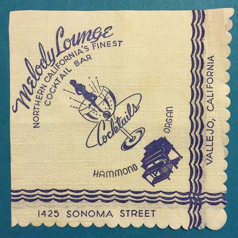 Vintage cocktail napkin Vintage Hotel Illustration, Restaurant Napkin Design, Vintage Cocktail Napkins, 1930s Graphic Design, Cd Tattoo, Lounge Logo, Vintage Cocktails, Hotel Ads, Bar Napkins