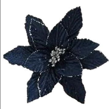 9" Navy Blue Velvet Poinsettia Stem/Pick with Silver Trim Silver And Navy Blue Christmas Tree, Shades Of Blue Christmas Decor, Blue Velvet Christmas Tree, Navy And Silver Christmas Tree, Blue White Silver Christmas Decor, Christmas Tree Navy Blue, Blue And Silver Christmas Tree Ideas, Navy Blue Christmas Decor, Navy Blue Christmas Tree