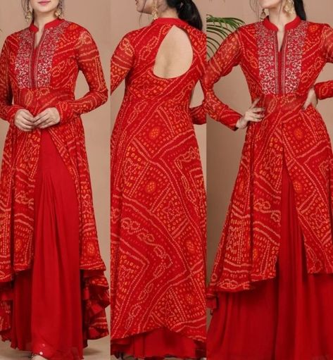 Indowestern Bandhani Outfits, Bandhni Indowestern Outfits, Bandhini Cotton Dress Patterns, Bandani Dresses Pattern, Neck Designs For Bandhani Suits, Bhandej Dress Designs, Latest Bandhani Dress Pattern, Badhni Saree Blouse Design, Badhni Design Kurti