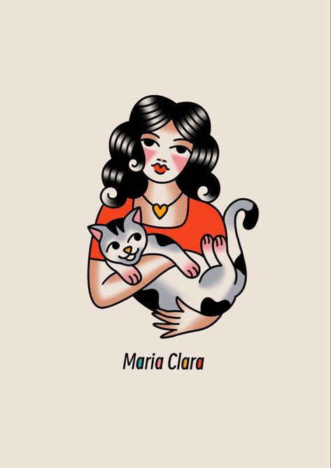 Woman With Cat Tattoo, Traditional Cat Tattoos, Women Traditional Tattoo, Cat Lady Tattoo, American Traditional Cat, Traditional Cat Tattoo, American Classic Tattoo, Traditional Tattoo Woman, Traditional Tattoo Inspiration