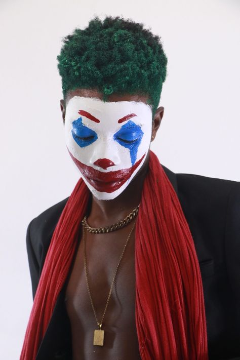 Black male boy model in Joker face paint  cosplay Simple Clown Makeup Men, Male Clown Makeup, Face Paint Cosplay, Juggalo Makeup, Joker Face Paint, Joker Halloween Makeup, Black Joker, Face Painting For Boys, Joker Halloween