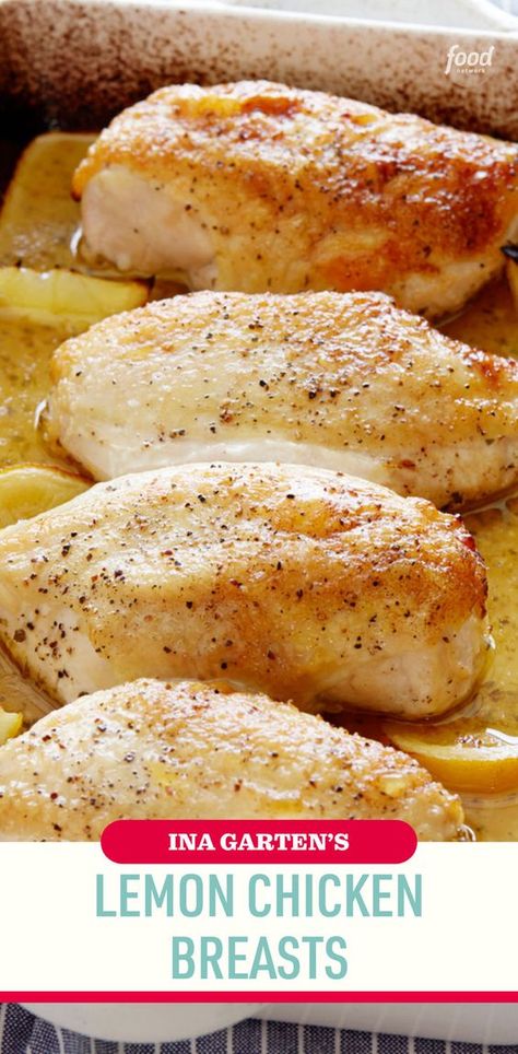 Recipe of the Day: Ina Garten's Lemon Chicken Breasts 🍋 The best weeknight meals are the ones that take almost no effort to make (but taste like they did). Ina's easy baked chicken breasts are exactly that. The sauce is flavored with lots of garlic, some white wine, lemon and herbs. Extra lemon wedges roast with the chicken for good measure. You can pull this dinner together in an hour, but you can also prep it ahead of time and stick it in the oven when you're ready to bake. Ina Garten Lemon Chicken, Ina Garten Roast Chicken, Lemon Chicken Breast Recipes, Easy Lemon Chicken, Easy Baked Chicken Breast, Lemon Roasted Chicken, Baked Chicken Breasts, Roasted Chicken Breast, Easy Baked Chicken