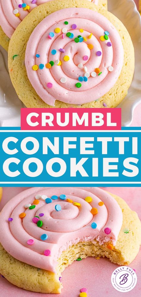 Crumbl Confetti Cookies (copycat recipe) - Belly Full Crumble Copycat Recipe, Confetti Crumb Cake Cookies, Healthy Crumbl Cookie Copycat, Crumbl Cookie Copycat Cake Batter, Crumbl Cookie Copycat Cake Batter Blondie, How To Make Crumble Cookies At Home, Crumble Confetti Cookie, Crumble Cookie Cornbread Copycat Recipe, Crumbl Cookie Frosting Recipe