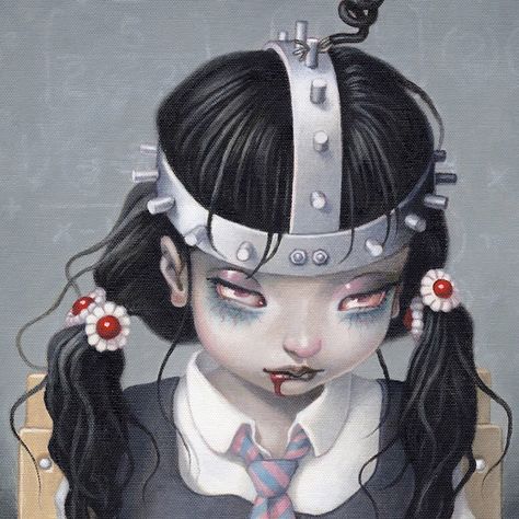 4,635 Likes, 29 Comments - trevor brown (@babyart) on Instagram: “"electric schoolchair"⚡️(detail) - unpublished, intended for nananano cosplay but it never happened…” Trevor Brown, Lowbrow Art, Creepy Art, Pop Surrealism, Creepy Cute, Surreal Art, Dark Art, Headpiece, Surrealism