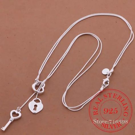 Elegant 925 Silvery plated Heart Key Lock Pendant Necklace - Temu Sterling Silver Charm Necklace, Cute Wedding, Charms Necklace, Lock Necklace, Sterling Silver Charms, Style Hip Hop, Charm Necklace Silver, Classic Necklace, Chain Fashion