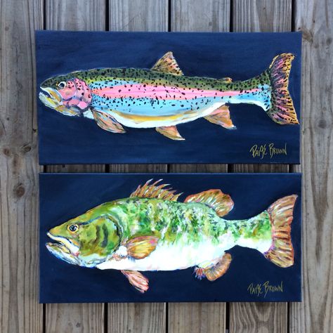 #paigebrownart fish paintings / fish art / man room / 12x24 / for sale etsy / trout painting / bass painting : rainbow trout / fly fishing art Paintings Fish, Trout Painting, Fish Paintings, Trout Art, Fly Fishing Art, Fish Artwork, Internet Art, Man Room, Rainbow Trout