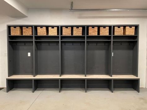 Mudroom Locker Hutches - How to Build in Any Size Locker Dimensions, Cabin Mudroom, Mudroom Cabinetry, Garage Lockers, Mudroom Locker, Locker Ideas, Barn Door Console, Mudroom Remodel, Mudroom Lockers