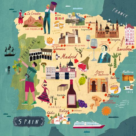 Spain Map Illustration, Spain Map, Spain Illustration, Cadaques Spain, Murcia Spain, Cadiz Spain, San Sebastian Spain, Map Of Spain, Spain Aesthetic