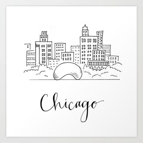 Chicago Skyline Drawing, Sketching Lessons, Skyline Mural, Moose Tattoo, City Outline, Chicago Art Print, Chicago Bean, Apartment Painting, Bulletin Journal Ideas