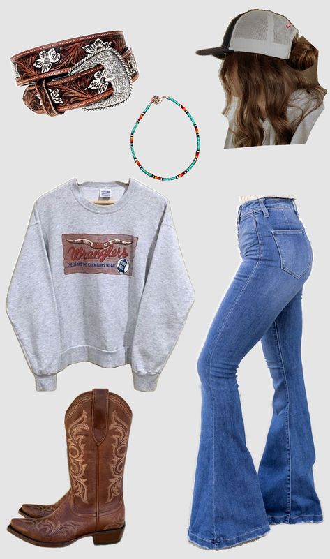 #outfit #inspo #clothes #country #countrygirl #wrangler Country Biker Style, Wrangler Jeans Outfits Woman, Hoodie And Jeans Outfit Western, Cute Outfits Cowgirl, Wrangler Women's Outfit, Country Tomboy Outfits, Cowgirl School Outfits, Western Clothing Ideas, Modern Country Outfit For Women