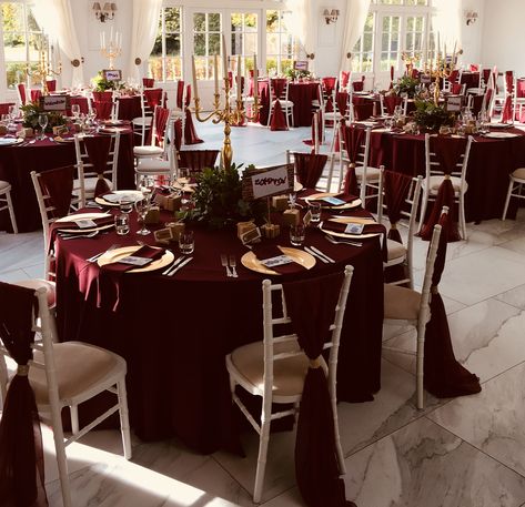 White Burgundy Gold Wedding, Burgundy Tablecloth Wedding Overlays, Burgundy And Ivory Table Setting, Red Lace Tablecloth, Maroon And Gold Wedding Centerpieces, Burgundy Main Table Wedding, Burgundy And Gold Wedding Reception Wedding Table Decor, Burgundy Gold Wedding Decorations, Maroon And Gold Party Decorations