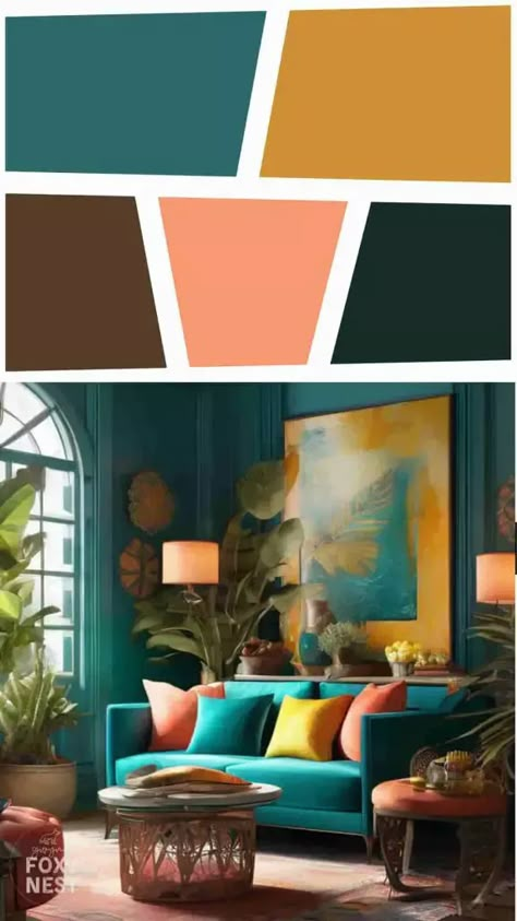 teal sofa living room color palettes Boho Brown And Turquoise Living Room Ideas, Living Room With Teal Sofa, Brown And Teal Living Room Ideas, Teal Color Palette Living Room, Neutral Living Room Boho, Orange And Teal Living Room, Teal Couch Living Room, Living Room Design Cozy, Teal Wall Colors