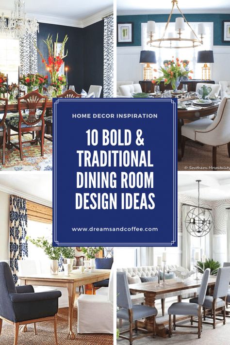 Dining Room Decor Inspiration | Bold and Traditional Design White Blue Dining Room, Traditional Dining Room Wall Decor, Traditional Dining Room Makeover, Traditional Coastal Dining Room, Dining Room Inspiration Traditional Casual, Traditional Dining Room Paint Colors, Navy And White Dining Room Ideas, Navy Blue Dining Rooms, Blue Ceiling Dining Room