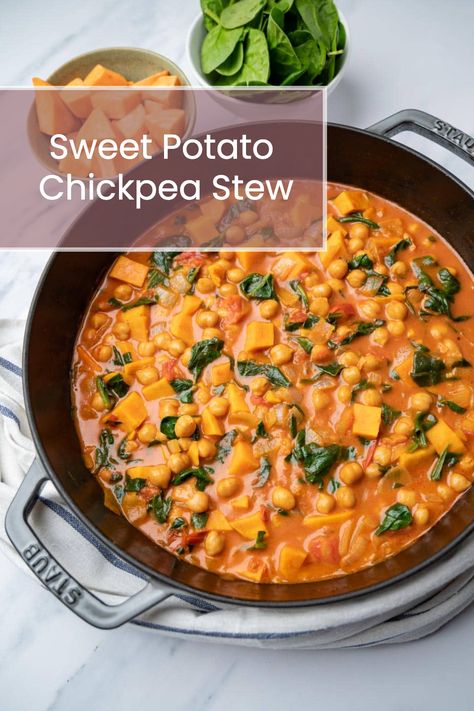 Sweet Potato And Chickpea Soup, Chickpea Sweet Potato Stew, Sweet Potato Gut Health, Sweet Potato Stew Vegan, Crockpot Meals With Sweet Potatoes, Sweet Potatoes Chickpeas, Sweet Potato Chickpea Soup, Sweet Potato Stew Crockpot Vegetarian, Chickpeas Sweet Potato