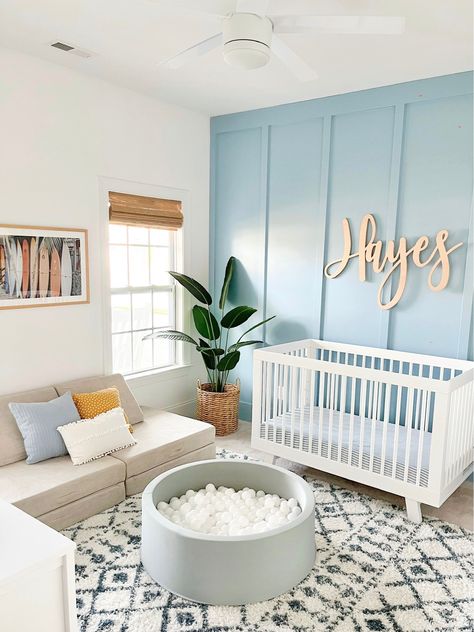 Beach Cottage Nursery, Coastal Boys Nursery, Ocean Themes Nursery, Toddler Boy Surf Room, Coastal Baby Room Bloxburg, Coastal Nursery Bloxburg, Surf Boys Room, Baby Boy Beach Nursery, Coastal Nursery Ideas