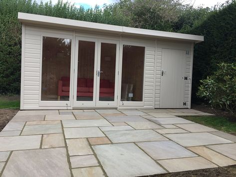 Malvern Studio Pent Summerhouse Installation | Cousins Conservatories & Garden Buildings Summer House Colours, Painted Shed, Conservatory Garden, Garden Cabins, Summer House Garden, Timber Roof, Backyard Sheds, Garden Office, Concrete Structure