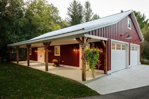 5 Awesome Pole Barn Porch Ideas To Boost Curb Appeal Garages Ideas Exterior, Living In A Garage While Building, Ranch Style House With Detached Garage, Metal Building Shed Ideas, Detached Garage Shop Ideas, Rv Metal Building, Pole Barn Lights Exterior, Pole Shed Garage, Metal Garage With Carport