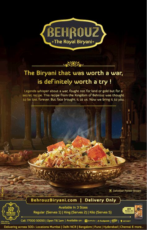 behrouz-the-royal-biryani-the-biryani-that-was-worth-a-war-ad-times-of-india-bangalore. Check out more Hotels & Restaurants Advertisement Advertisement Collection at https://www.advertgallery.com/product-category/advertisements-by-category/automotive Ramadan Package, Indian Food Menu, Food Layout, Menu Cover Design, Royal Recipe, Restaurant Ad, Restaurant Advertising, Graphic Portfolio, Restaurant Poster