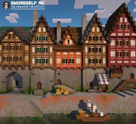 Town Builds Minecraft, Town Center Minecraft Ideas, Mc Town Ideas, Minecraft Medieval Town House, Minecraft Town Centre, Minecraft Town Ideas Layout Cottagecore, Minecraft Townhouse Ideas, Minecraft Medieval Street, Midevil Minecraft Town