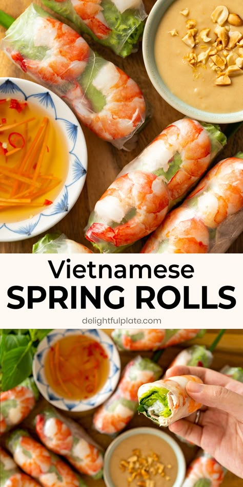 Fresh Spring Rolls Recipe, Dipping Sauce Recipes, Goi Cuon, Vietnamese Fresh Spring Rolls, Vietnamese Spring Rolls Recipe, Healthy Spring Rolls, Vietnamese Summer Rolls, Rice Paper Recipes, Shrimp Spring Rolls