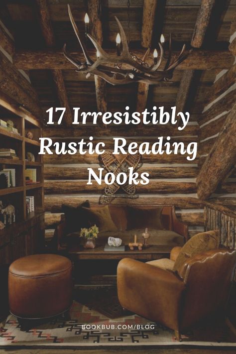 Get cozy at home and get inspired by these rustic reading nooks.  #books #readingnooks #cabin Book Nooks Cozy Home Libraries, Dream Library Cozy Reading Room, Reading Room Ideas Cozy, Cabin Library, Cozy Cabin Living Room, Earthy Modern Living Room, Farmhouse Living Room Makeover, Cozy Reading Room, Reading Loft