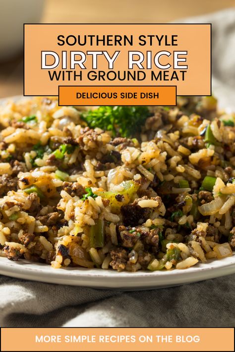 This simple recipe for southern style "Dirty Rice" is made with ground beef and/or pork, fluffy rice, and cajun spices. Sometimes referred to rice dressing. Although traditional dirty rice is made with organ meats, this dish is what most think of when trying to recreate what they had at a southern eatery. Brown Rice Recipes Rice Cooker, Ground Turkey Dirty Rice, Roast Beef And Rice Recipes, Southern Brown Rice, Rice Dressing Recipe Thanksgiving, Dirty Rice Seasoning Recipe, Easy Rice Meals Dinners, Homemade Dirty Rice With Ground Beef, Flavor Rice Recipes