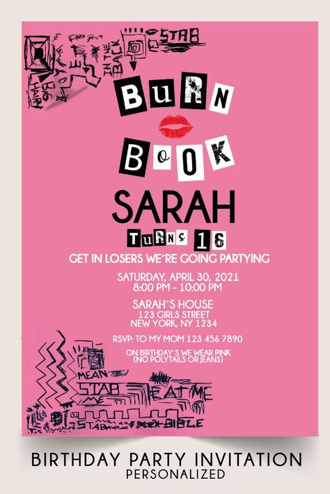 Y2k Party Invitation Template, Mean Girls Birthday Invitations, Mean Girls Party Invitations, Y2k Invitation Template, Mean Girls Bday Theme, Mean Girls Birthday Party Ideas, Mean Girl Birthday Party, Mean Girls Party Ideas, Mean Girls Invitation