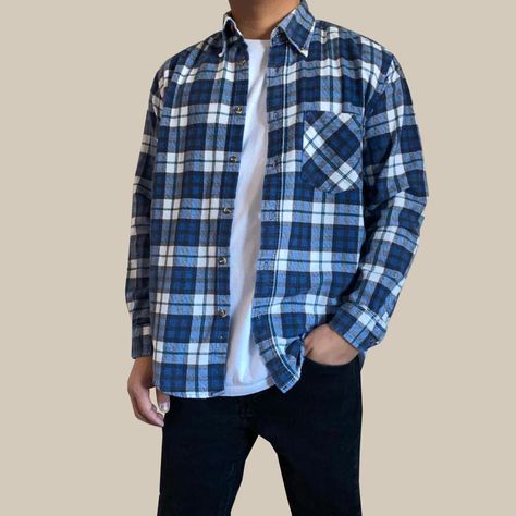 Blue Plaid Shirt Outfit Mens, Blue And White Flannel Outfit, Plaid Outfit Men, Blue Plaid Shirt Outfit, Blue Flannel Outfits Men, Blue Flannel Outfits, Black Flannel Outfit, Blue Flannel Outfit, Checked Shirt Outfit