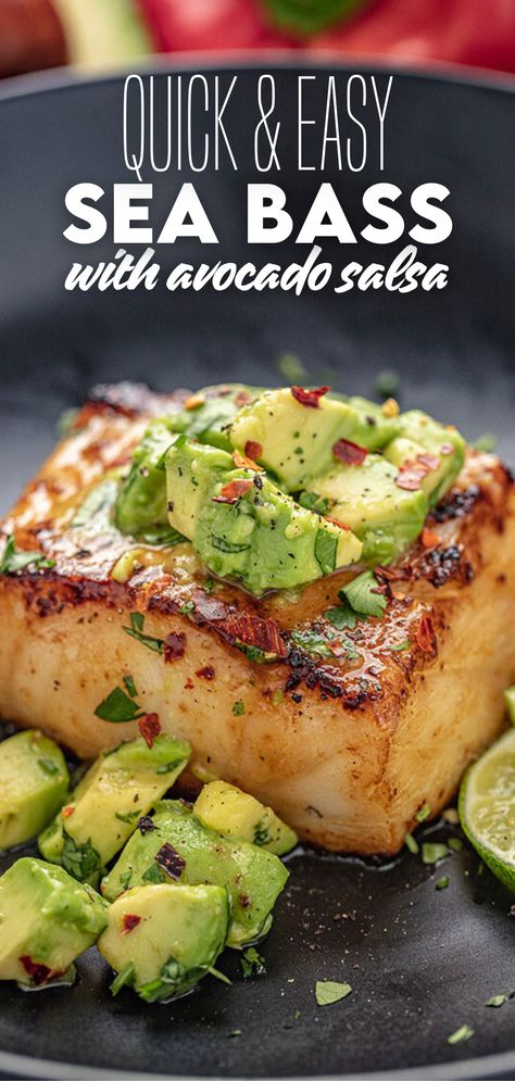 This Sea Bass with Avocado Salsa recipe is light and delicious. Sea Bass is a mild fish but boasts a buttery and meaty texture. Served with this rich avocado salsa, you have a colorful, flavorful dish that always delights! Delicious Fish Recipes, Sea Bass Tacos Recipes, Sand Bass Recipe, Black Fish Recipe Dishes, Fish Salsa Recipe, Seafood Dinner Recipes Healthy, Sea Bass Taco Recipes, Barracuda Recipes, Bass Fish Recipes