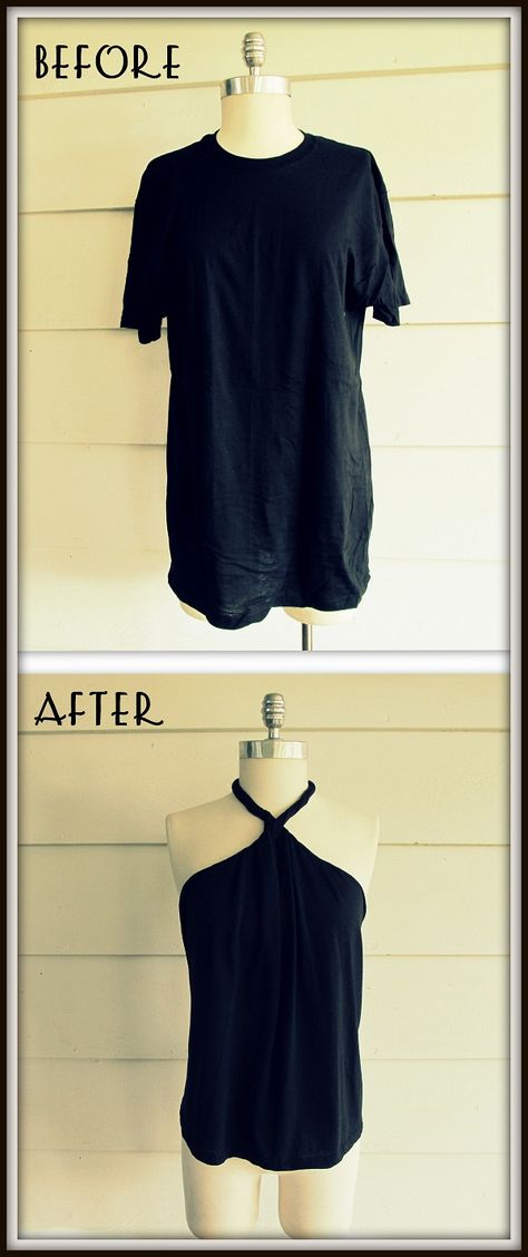 Wobisobi: No Sew, DIY Tee-Shirt Halter (what to do with those men's t-shirts when you are not a man.) Diy Tee Shirt, Diy Halter, Diy Tees, Diy Vetement, Tshirt Crafts, Short Hairstyle, No Sew, Diy Shirt, T Shirt Diy