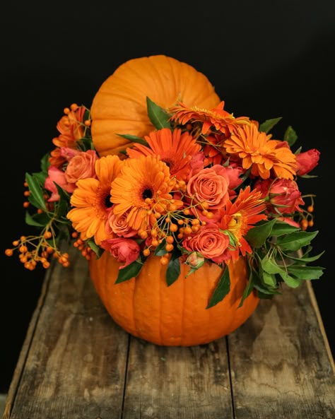 Halloween Flower Arrangements, Thanksgiving Floral Arrangements, Pumpkin Floral Arrangements, Deco Fruit, Holiday Floral Arrangements, Fall Pumpkin Centerpieces, Pumpkin Vase, Pumpkin Arrangements, Fall Flower Arrangements