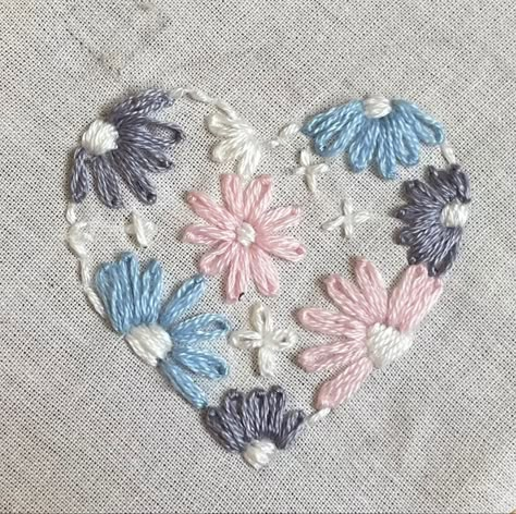 Flower Heart Embroidery, Heart Embroidery On Tshirt, Cute Heart Embroidery, Love Heart Embroidery, Heart Shape Embroidery Designs, Embroidered Hearts Hand Embroidery, How To Embroider A Heart, Embroidery Heart Simple, Embroidery On Handkerchief