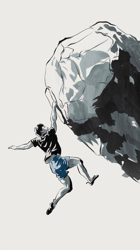 A minimalist Korean-style ink drawing of a climber scaling a large boulder, showcasing the human spirit of determination. The monochromatic tones emphasize the climber’s form and the rugged texture of the rock, creating a visually powerful representation of endurance and adventure The Climber, Monochrome Style, Human Spirit, Rock Climbers, Monochrome Fashion, Aesthetic Japan, Japan Art, Parkour, Rock Climbing