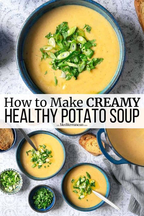 Give your favorite comfort food a nutritious makeover with this quick and easy one-pot healthy potato soup recipe! It's creamy potato soup at its finest! Healthy Baked Potatoes, Healthy Potato Soup, Potato Casseroles, Healthy Potato, Making Baked Potatoes, Healthy Potatoes, The Mediterranean Dish, Creamy Potato Soup, Soup Maker