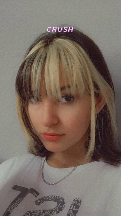 Bangs With Colored Streaks, Short Hair With Dyed Bangs, Half And Half Hair Color With Bangs, Short Hair Color Streaks, Under Color Short Hair, Bangs Dyed Only Short Hair, Blonde Streak Short Hair, Hair Dye Ideas For Bangs, Dye Short Hair Ideas