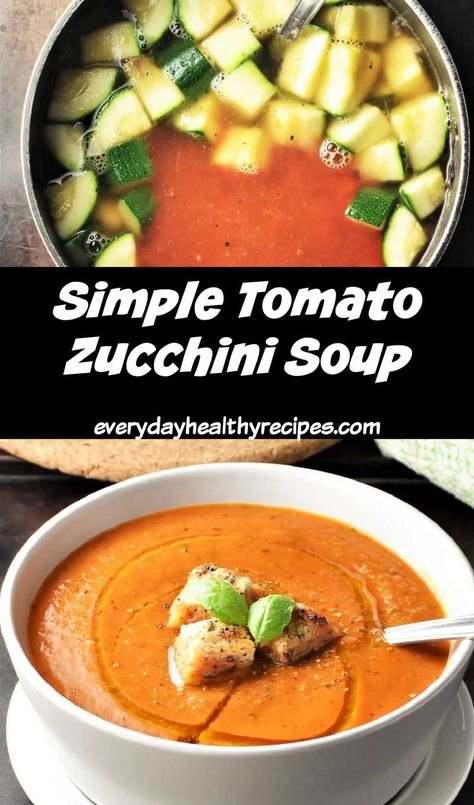 Making tomato zucchini soup in pot and side view of creamy soup with croutons and spoon in white bowl. Zucchini Soup Recipes, Fresh Tomato Soup, Bisque Soup, Zucchini Tomato, Dairy Free Soup, Zucchini Soup, School Recipes, Dairy Free Breakfasts, Tomato Soup Recipes