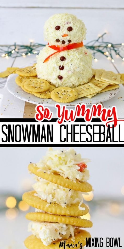 Snowman Appetizer Ideas, Snowman Dip Recipe, Cheeseball Recipes Christmas, Cheeseballs Recipes Christmas, Snowman Cream Cheese Ball, Cheeseball Christmas, Cheese Snowman, Cheese Ball For Christmas, Christmas Cheeseball Shapes