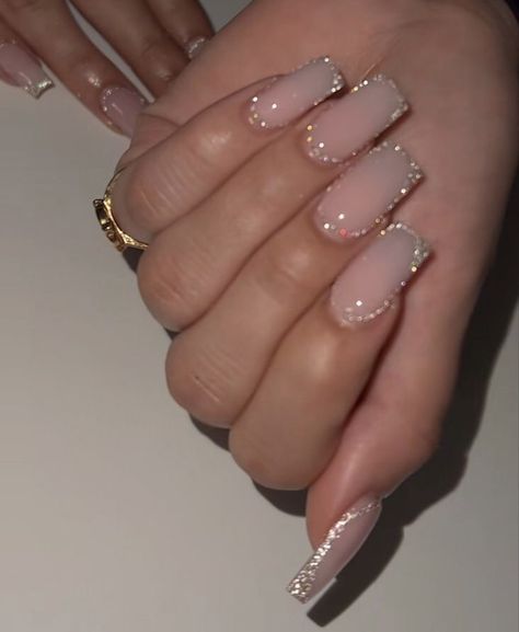 Gold Glitter French Tip Nails, Nude Sparkly Nails, Sparkly French Tips, Sparkling Nails, Champagne Nails, Glitter French Nails, Elegant Touch Nails, Sheer Nails, Gel Acrylic Nails