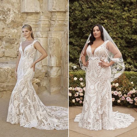 Romance and femininity is found in #Style2461 Angie, featuring a classic fit and flare silhouette that flows into a 76 inch train ⁠ ⁠ ✨ The most divine bohemian cotton lace swims in alternating floral and geometric patterns for an ultra-unique look that’ll turn heads on your wedding day ✨ This unique style has two accessory options for a separate purchase: a matching veil, and a stunning cape, both bound to up the drama between the ceremony and reception Boho Veil Bohemian Bride, Geometric Lace Wedding Dress, Wedding Gatsby, Wedding Gown Preservation, Latest Wedding Dress, Boho Veils, Crochet Doll Clothes Patterns, Wedding Dresses Plus, Plus Size Wedding Gowns