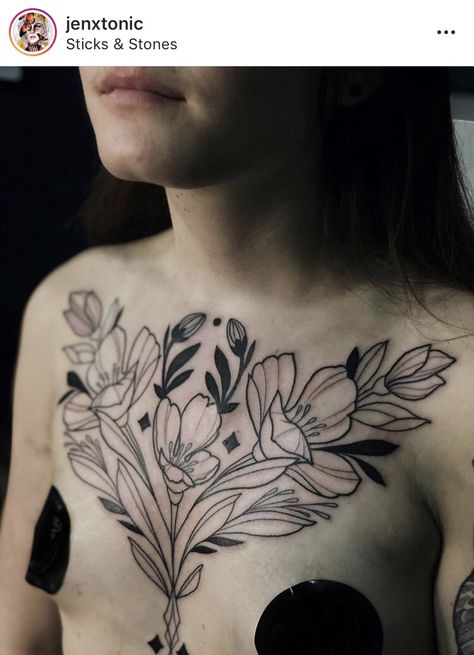 Linework Chest Tattoo, Foliage Chest Tattoo, Blackwork Chest Piece, Wildflower Chest Tattoo, Neo Traditional Chest Tattoo Female, Symmetric Chest Tattoo, Botanical Chest Tattoo, Chest Flower Tattoo Female, Full Chest Tattoo Female