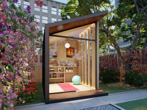 With slightly different decor, the pod could be used for anything, like as a yoga studio. - Autonomous Work Pod, Backyard Yoga, Office Shed, Garden Pods, Tiny Office, Backyard Studio, Office Pods, Backyard Office, Yoga Space