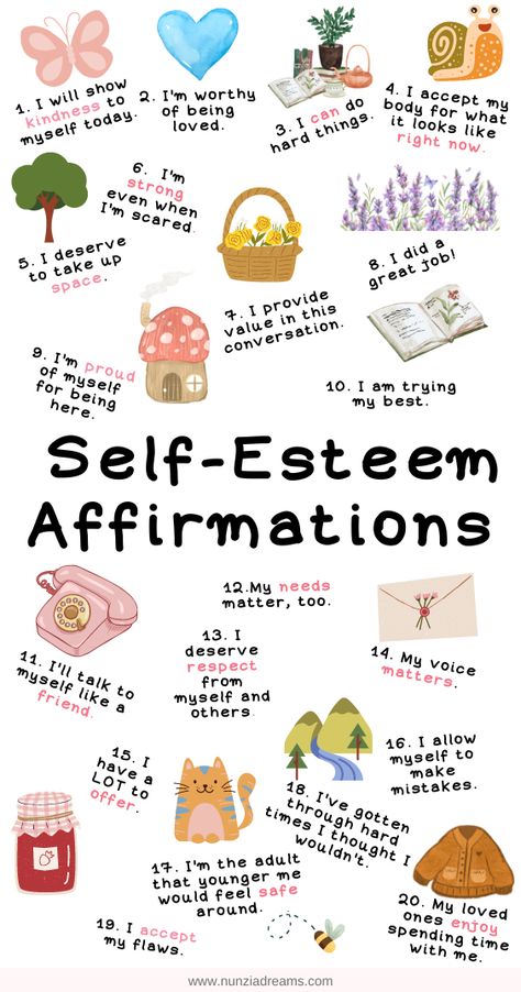 36 Helpful Positive Affirmations for Self-Esteem Self Esteem Affirmations, Positive Self Esteem, Self Esteem Activities, Building Self Esteem, Affirmations For Kids, Affirmations For Women, Daily Positive Affirmations, Morning Affirmations, Affirmations Positives