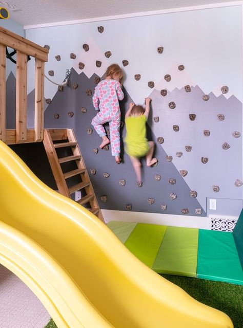 Montessori Basement Playroom, Basement Indoor Playground, Basement Playground Indoor, Montesorri Playroom Ideas, Montesorri Playroom, Playroom Basement Ideas, Basement Playroom Ideas Family Room, Diy Indoor Playground, Tree House Indoor