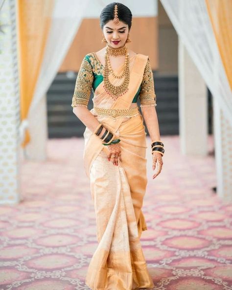 Bridal Sarees South Indian Telugu Wedding, Buddhist Wedding Dress, Bridal Mendhi, Saree Pose, South Indian Wedding Saree, Engagement Saree, Golden Saree, Latest Bridal Blouse Designs, Bridal Sarees South Indian